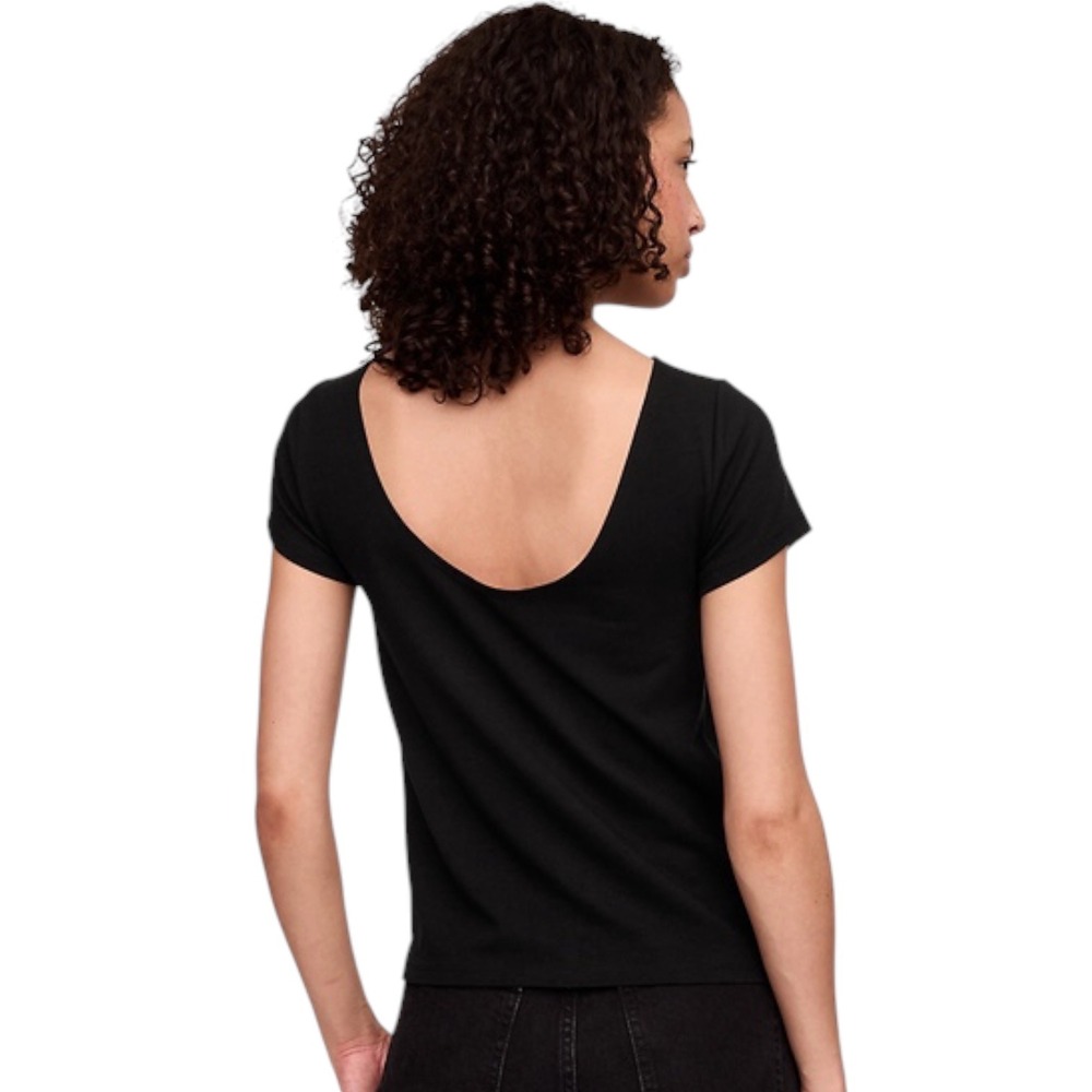Gap Women Black Cotton Scoop Neck Deep Back Short Sleeve T-Shirt Size M NWT